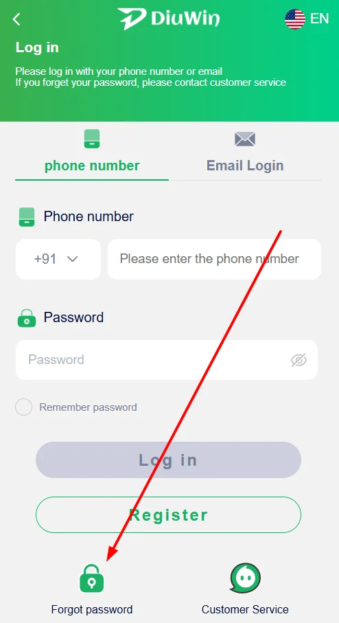 DiuWin forgot password page